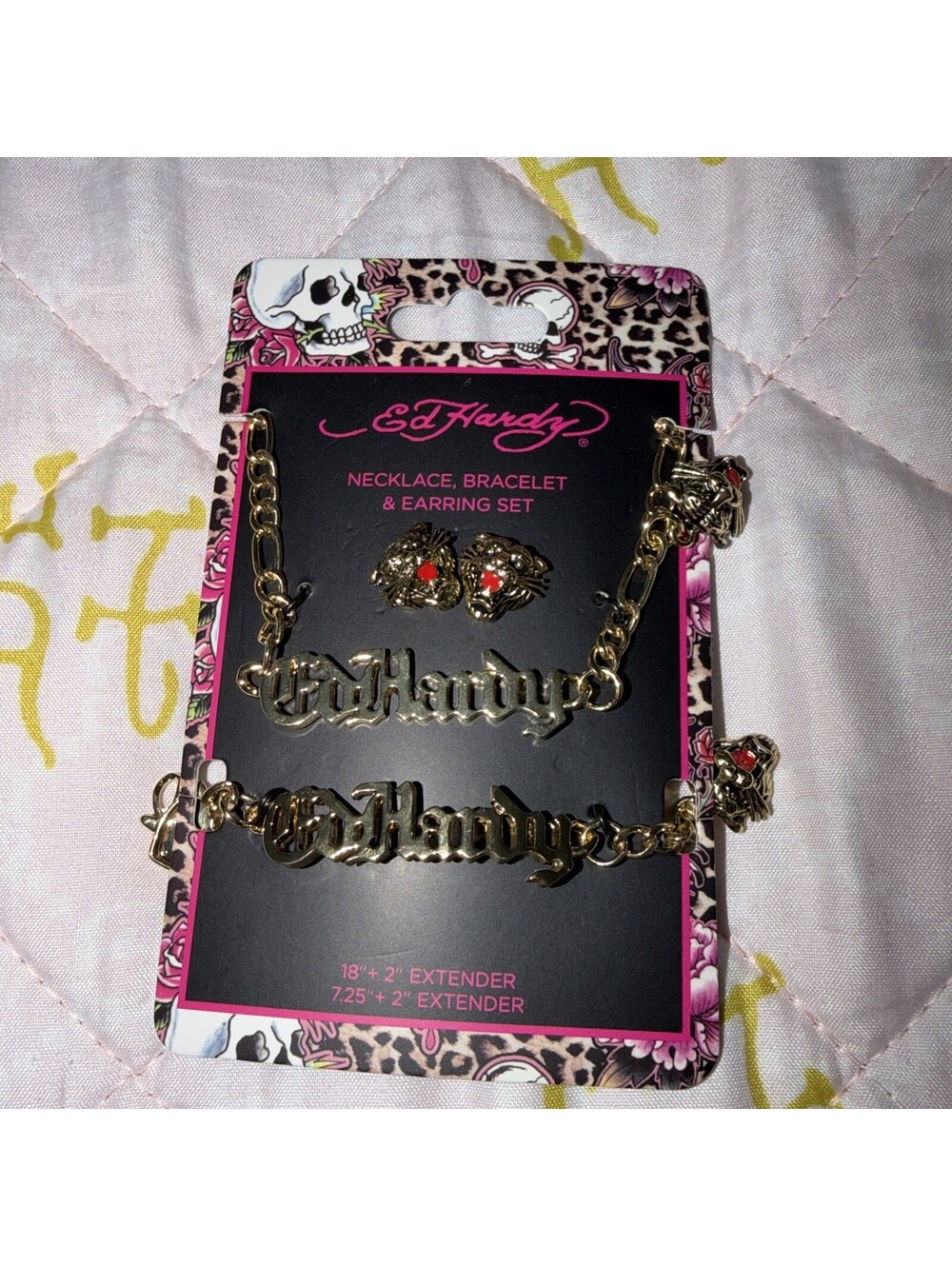 Ed Hardy Jewelry Set Necklace Earrings Bracelet Gold Red Crystal Adjustable Set